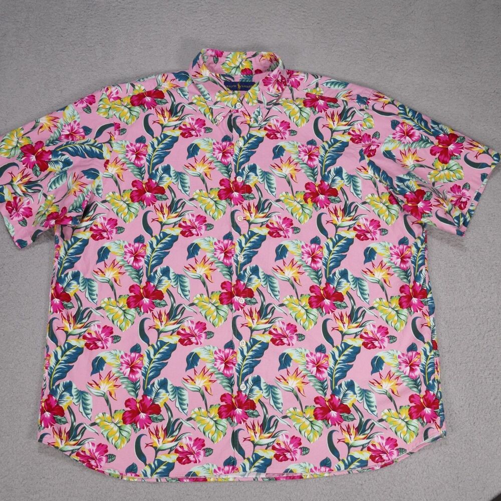 Polo Ralph Lauren Shirt Mens Size 1XB Big Button Up Hawaiian Floral Chambray